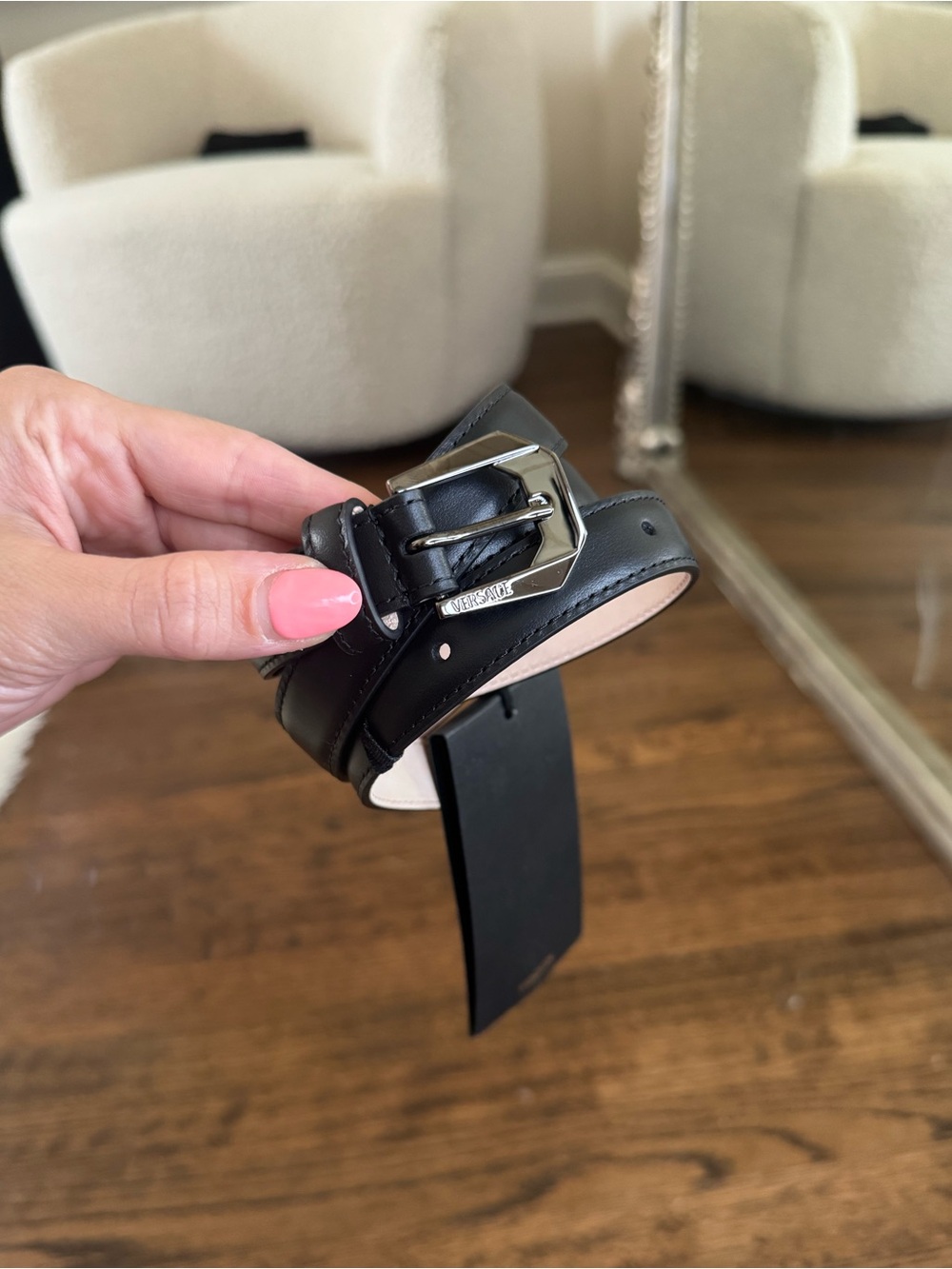 Versace Black Leather Belt with Shiny Silver Buckle